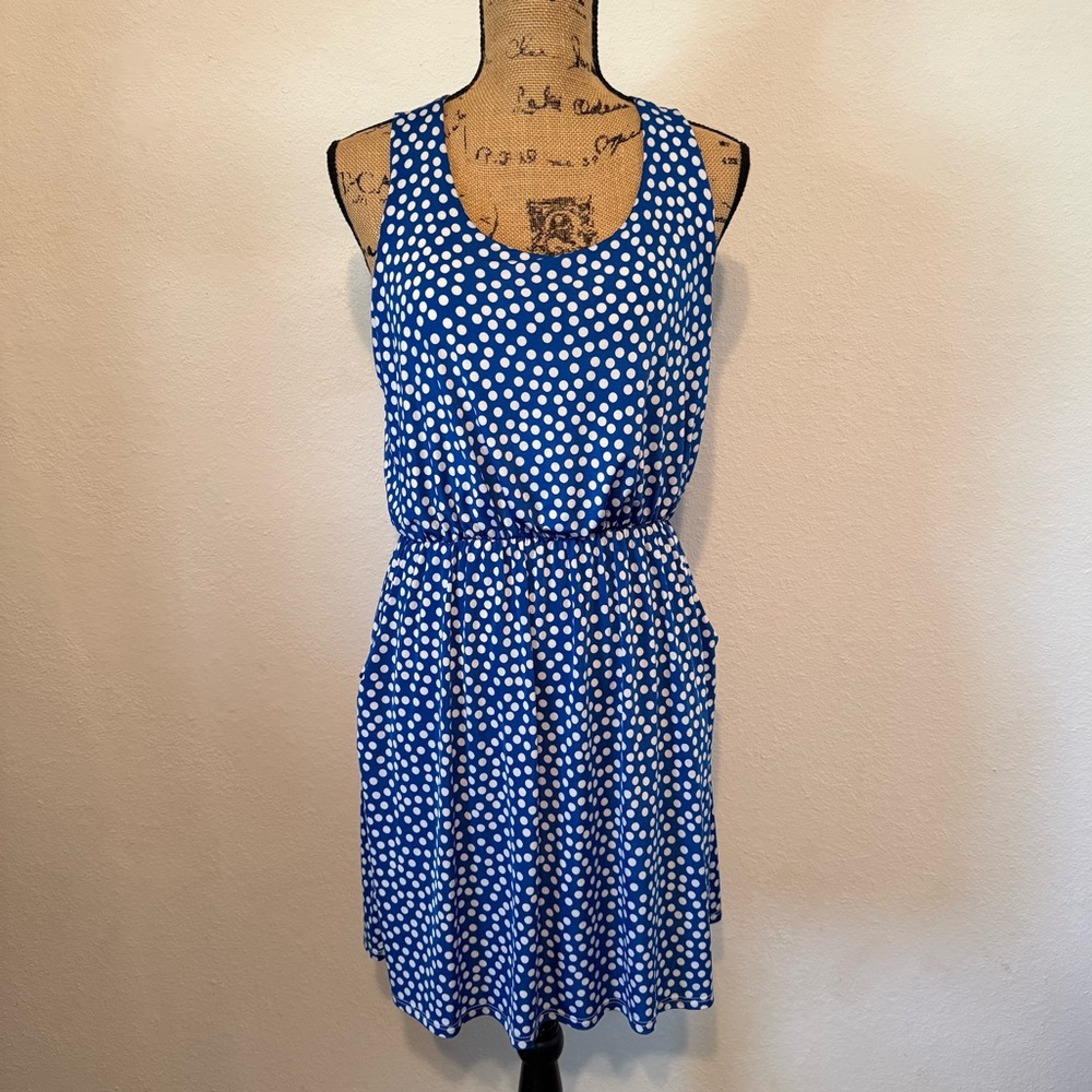 Le Lis Royal Blue with white polka Dots sleeveless dress Medium Petite